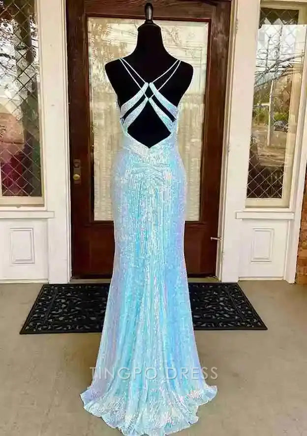 TingPo Wholesale Elegant Sheath/Column V Neck Spaghetti Straps Sweep Train Sequined Prom Dress With Split